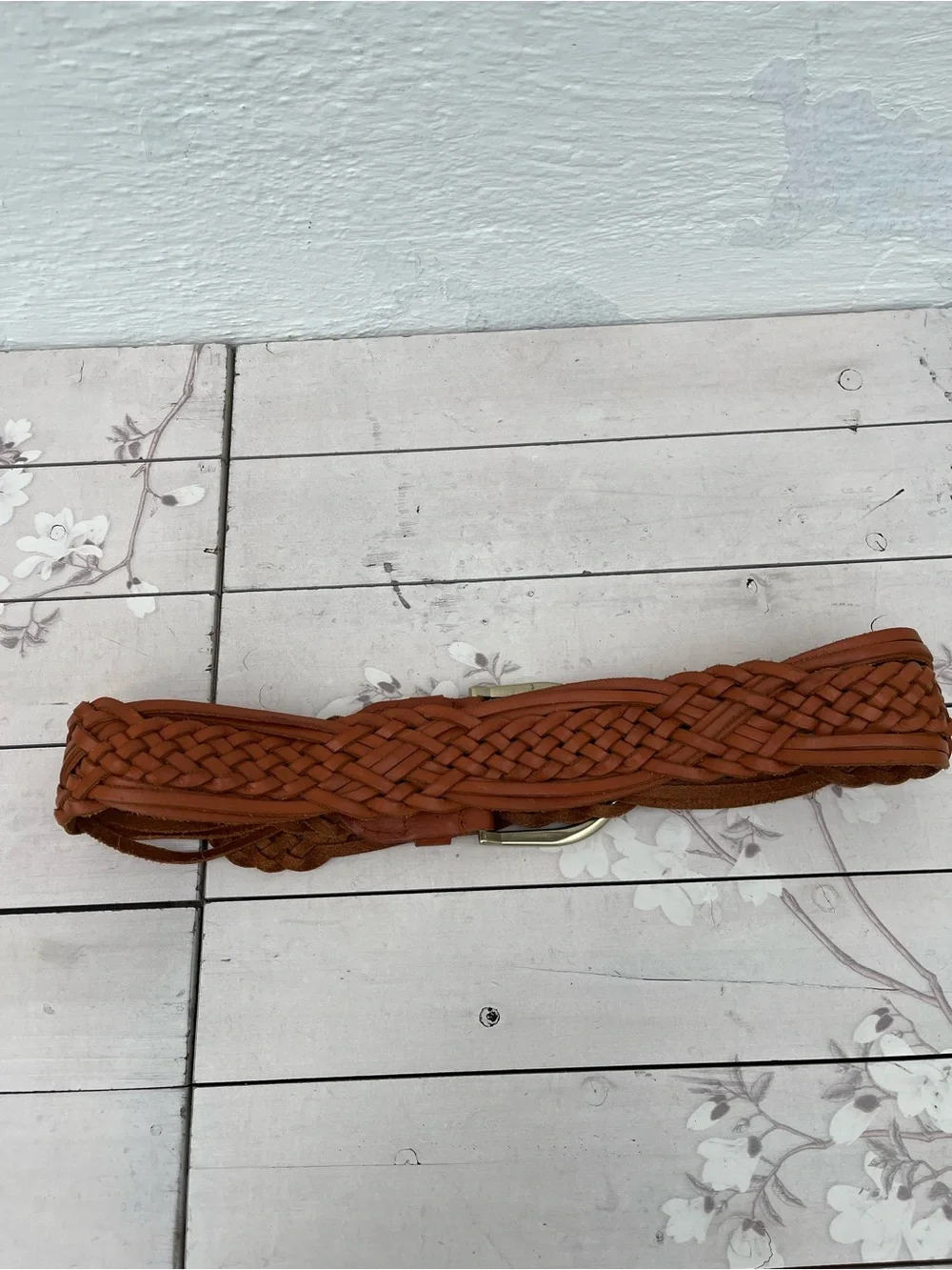 Michael Kors Woven Leather Belt in Cognac Brown with Gold Buckle